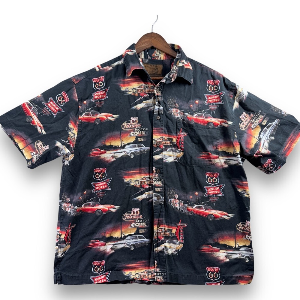 Bluff Creek Outfitters Mens XL Short Sleeve Shirt Vintage Route 66 Cars Black